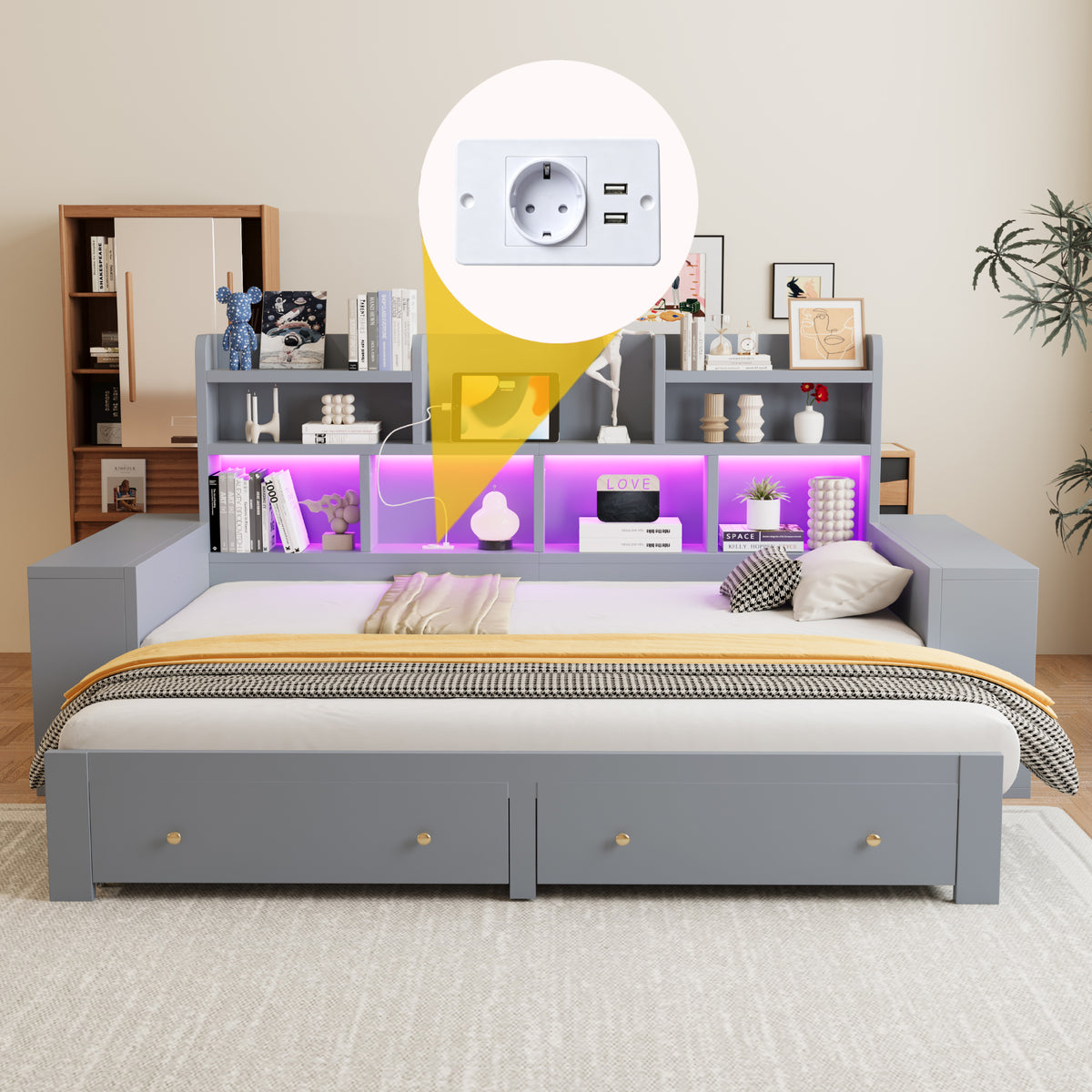 Extendable Sofa Bed 90/180x200cm with Storage & LED, Grey Wood
