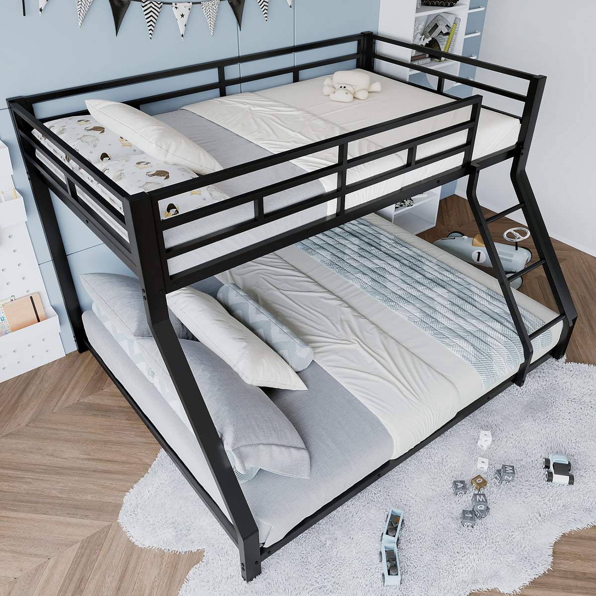 Bunk Bed 90x200 / 140x200 with Railing & Step, Black Metal