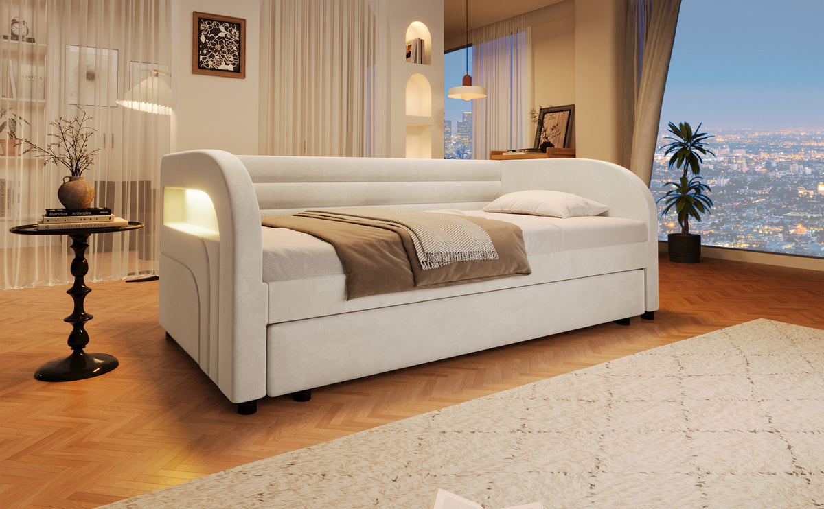 Upholstered Platform Bed 90x200 with Pull-Out Bed & LED - Beige