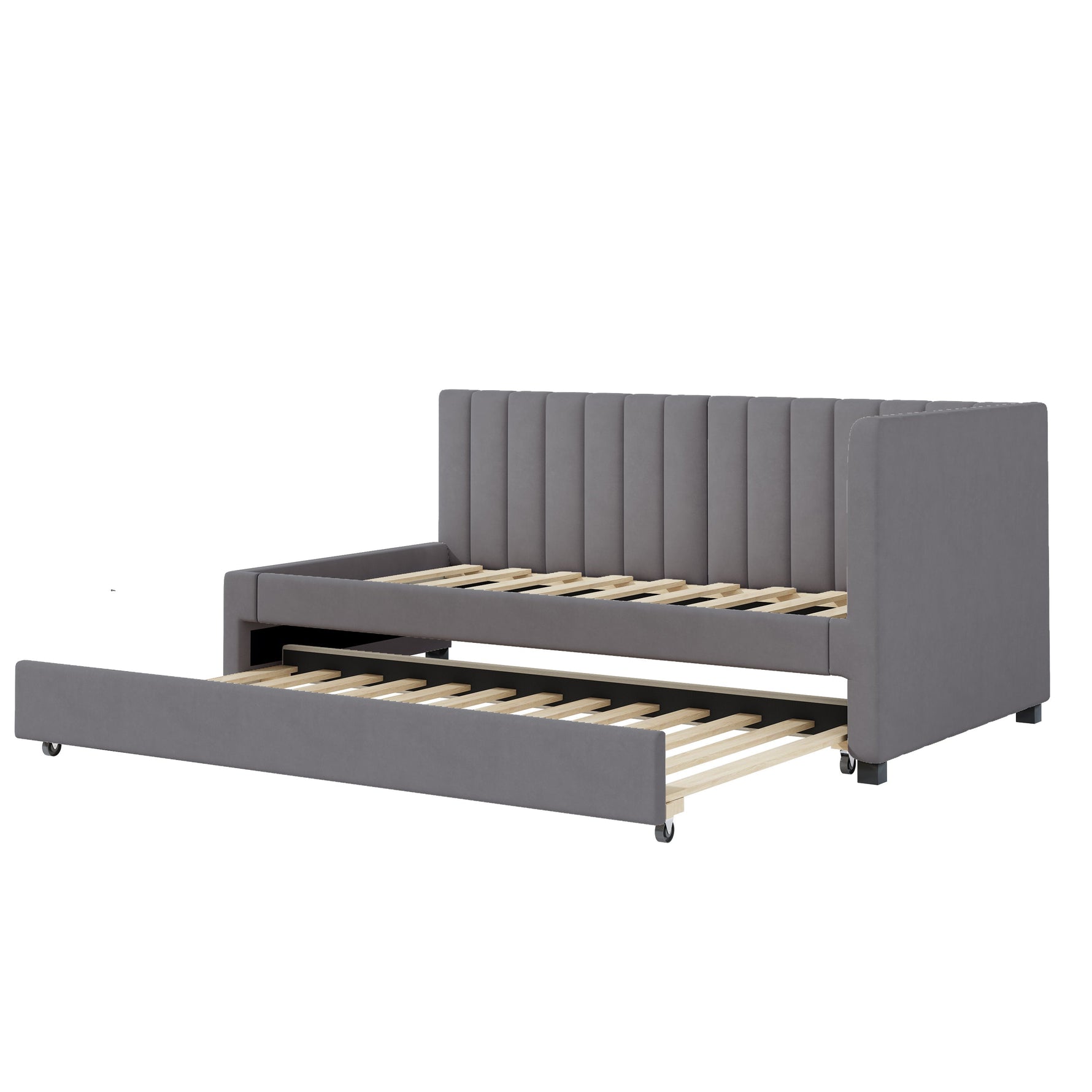 Upholstered Bed 90x200, Pull-Out Multifunctional Sofa Bed with Slatted Frame, Velvet Fabric Gray
