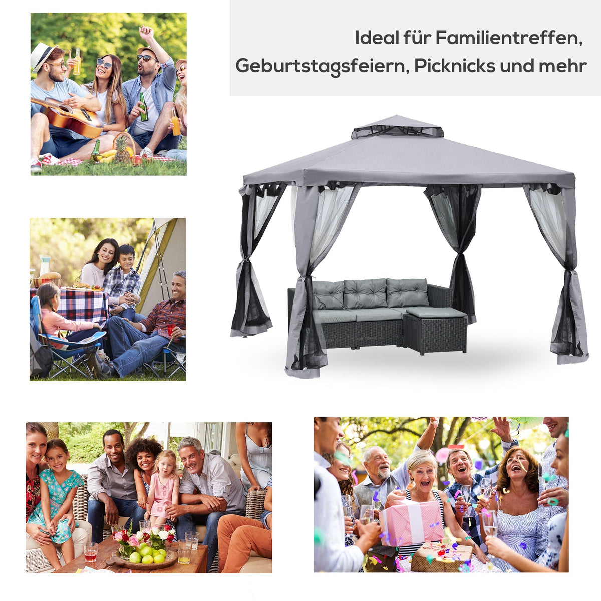 Garden Pavilion Party Tent 3x3m 4 Side Walls Weatherproof Metal/Polyester Light Grey
