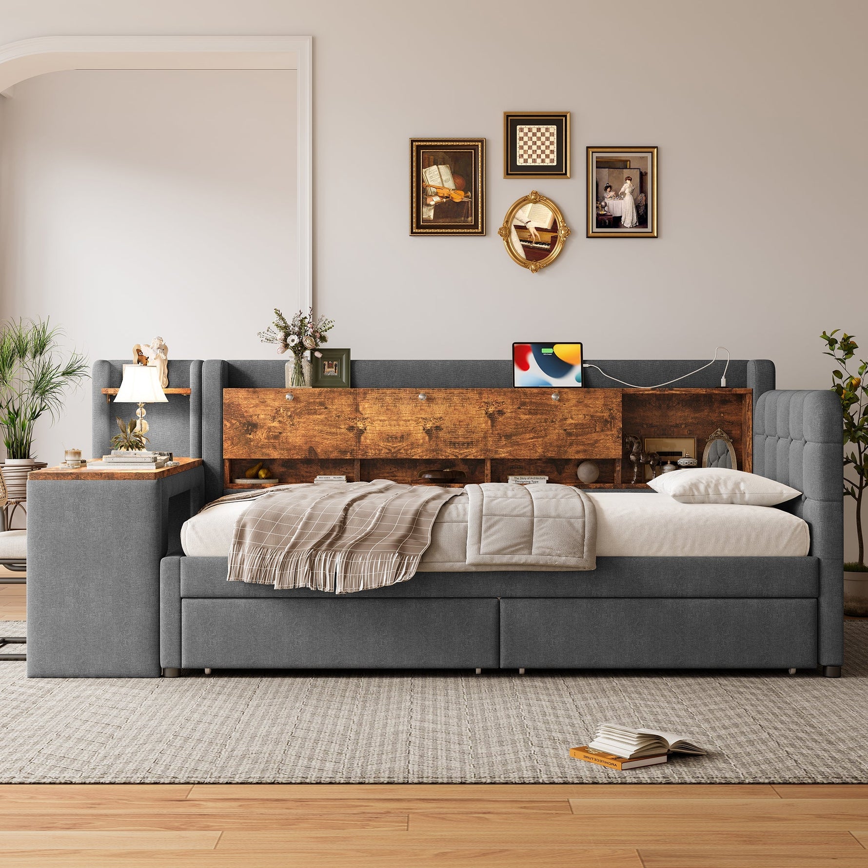 Daybed with Desk and USB Charging, 2 Drawers and Storage Compartments, Grey Linen