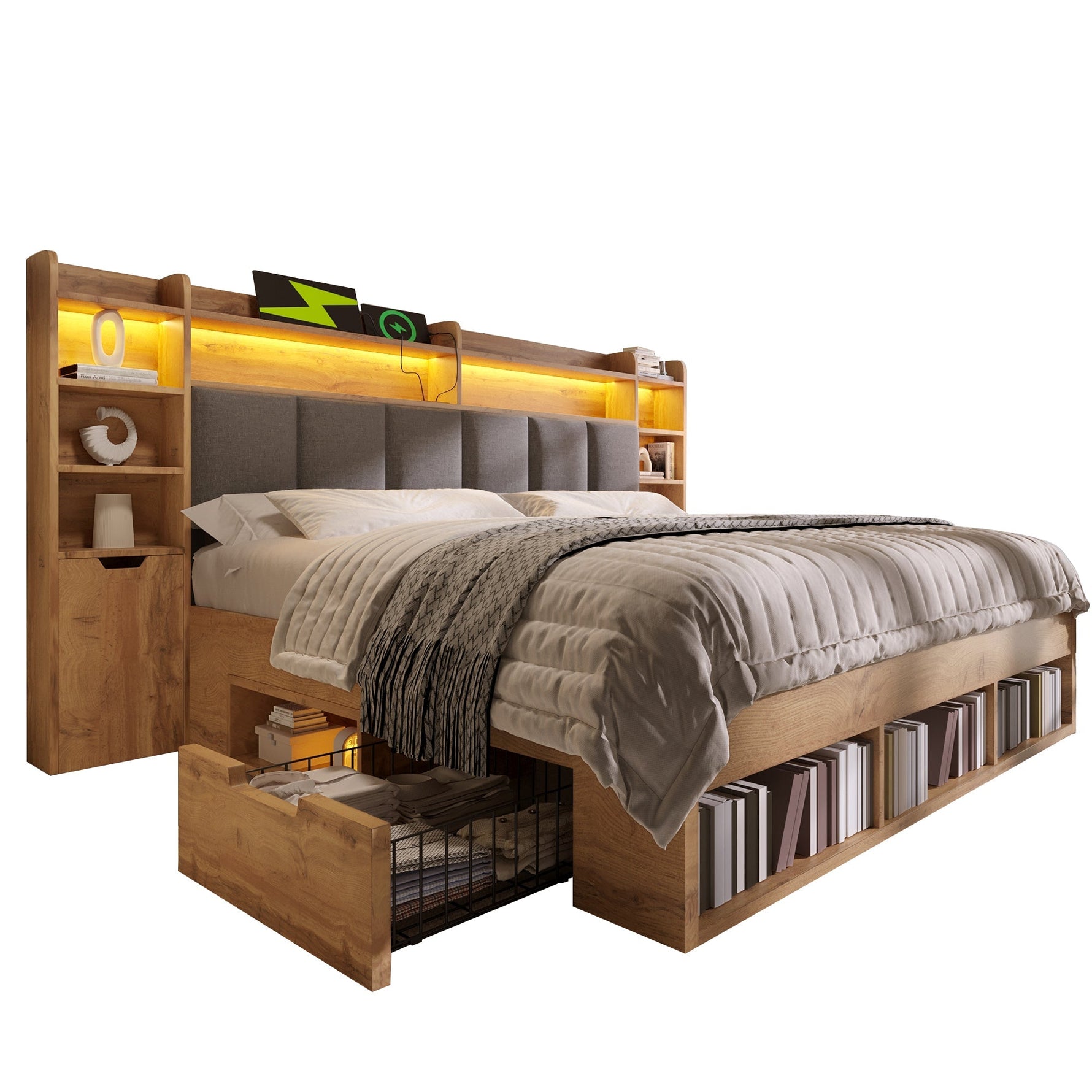 Double Bed System Bed with LED Headboard, Bedside Tables, USB Ports and Storage, 160x200cm, Oak Finish