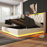 Upholstered Bed Double, 360 LED, Hydraulic Storage, USB-C Charging, 180x200 cm White PU