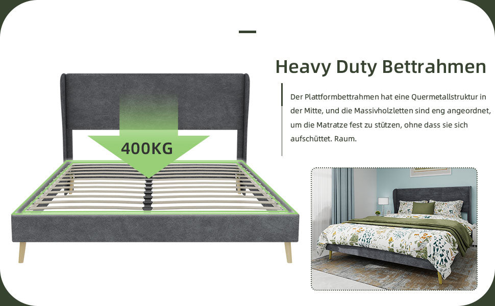 Upholstered Bed, Modern Minimalist with Soft Headboard, 140x200 cm, Grey
