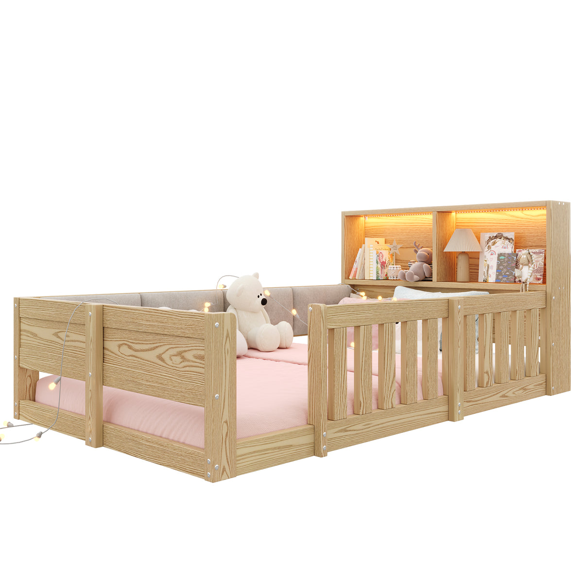 Children's Flatbed 90x200cm with Railings & LED Light, Natural