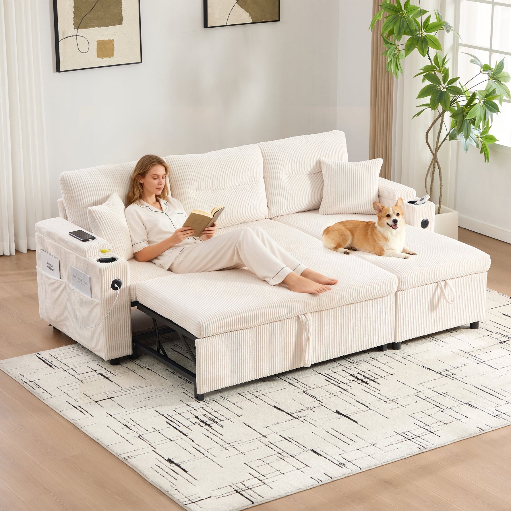 Sofa Bed 3-Seater Hydraulic Chaise Storage USB-C Cup Holders Corduroy