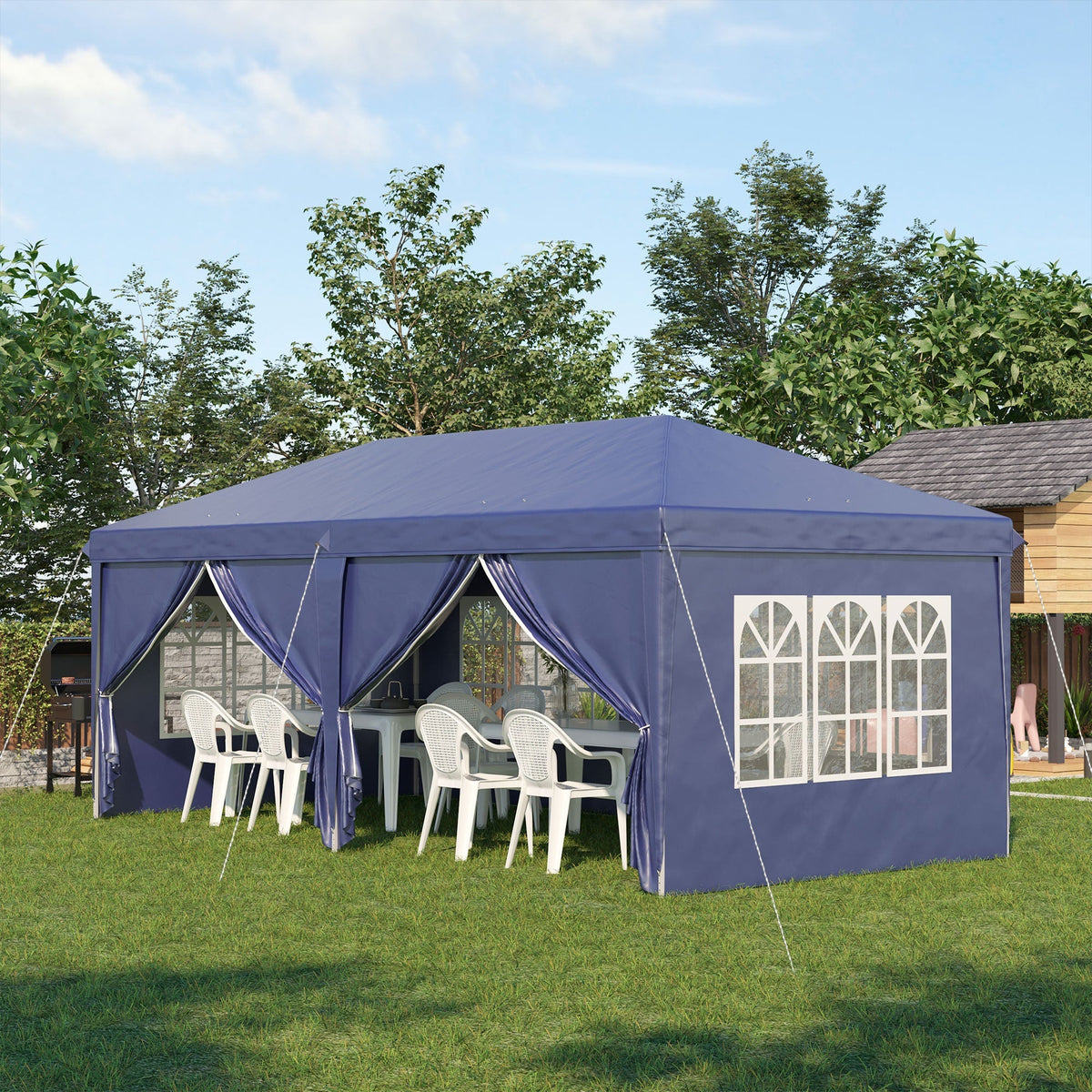 Folding Pavilion 5.85x2.95m UV Protection Side Walls Steel, Blue