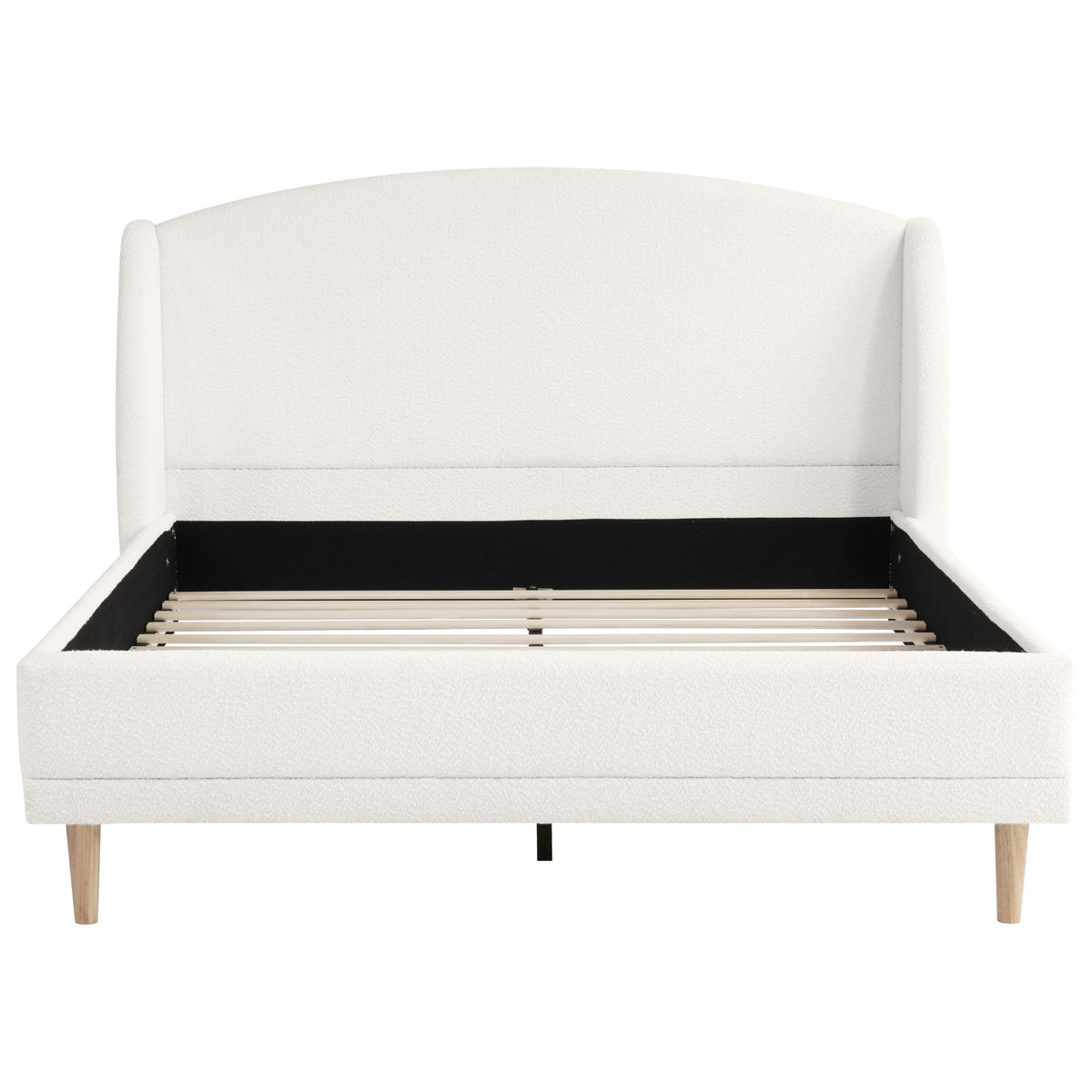 Upholstered Bed 140x190 cm with Winged Headboard and Slatted Base, Ivory White Bouclé Fabric