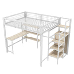 Loft Bed 140x200cm with Desk, Wardrobe & Shelves - White Iron