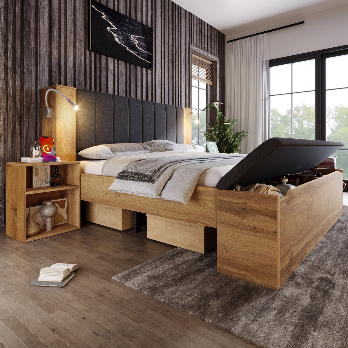Double Bed 180x200cm with Fold-Down Headboard, Storage, Nightstands, Bed Bench and USB Lamps, Oak Color