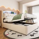 Children's Upholstered Bed 90x200, Multifunctional with Storage, LED & USB, Velvet Beige