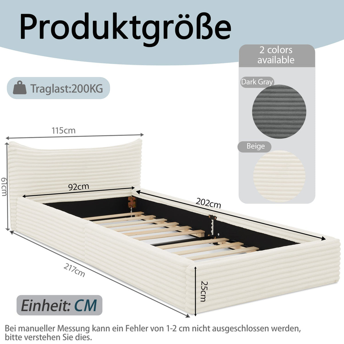 Single Bed 90x200cm, Eucalyptus Wood Frame, Corduroy Cover, Beige