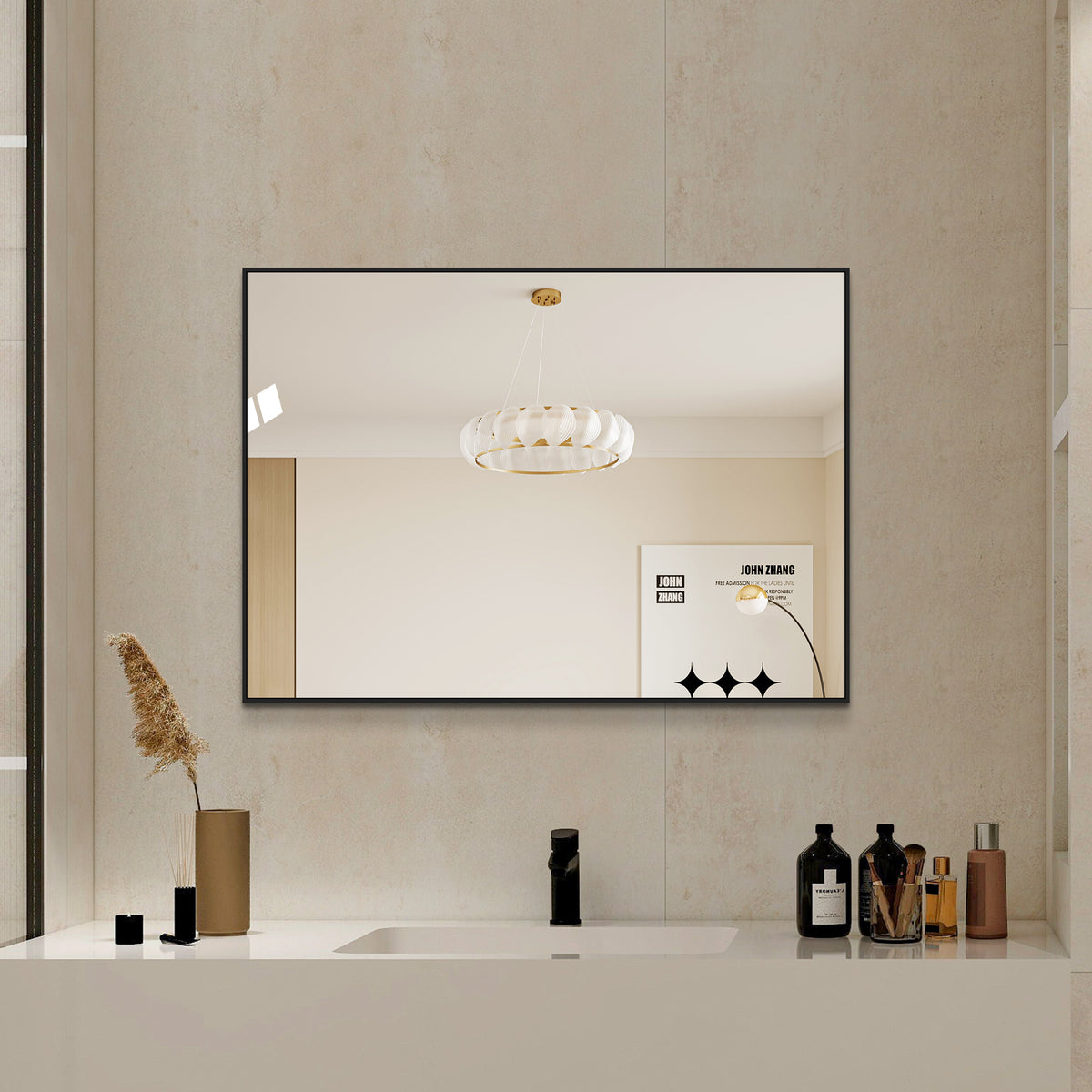 Bathroom Mirror 50x70 cm, Copper-Free HD Wall Mirror, Black Aluminum