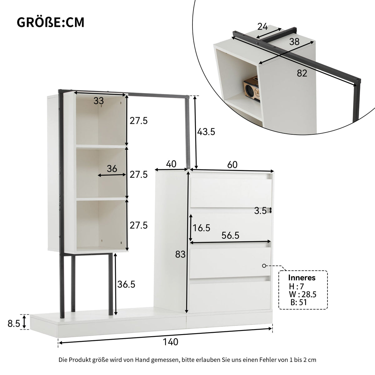 Drawer Cabinet Wardrobe Set Sideboard Clothes Rail W140/W40/H135 White