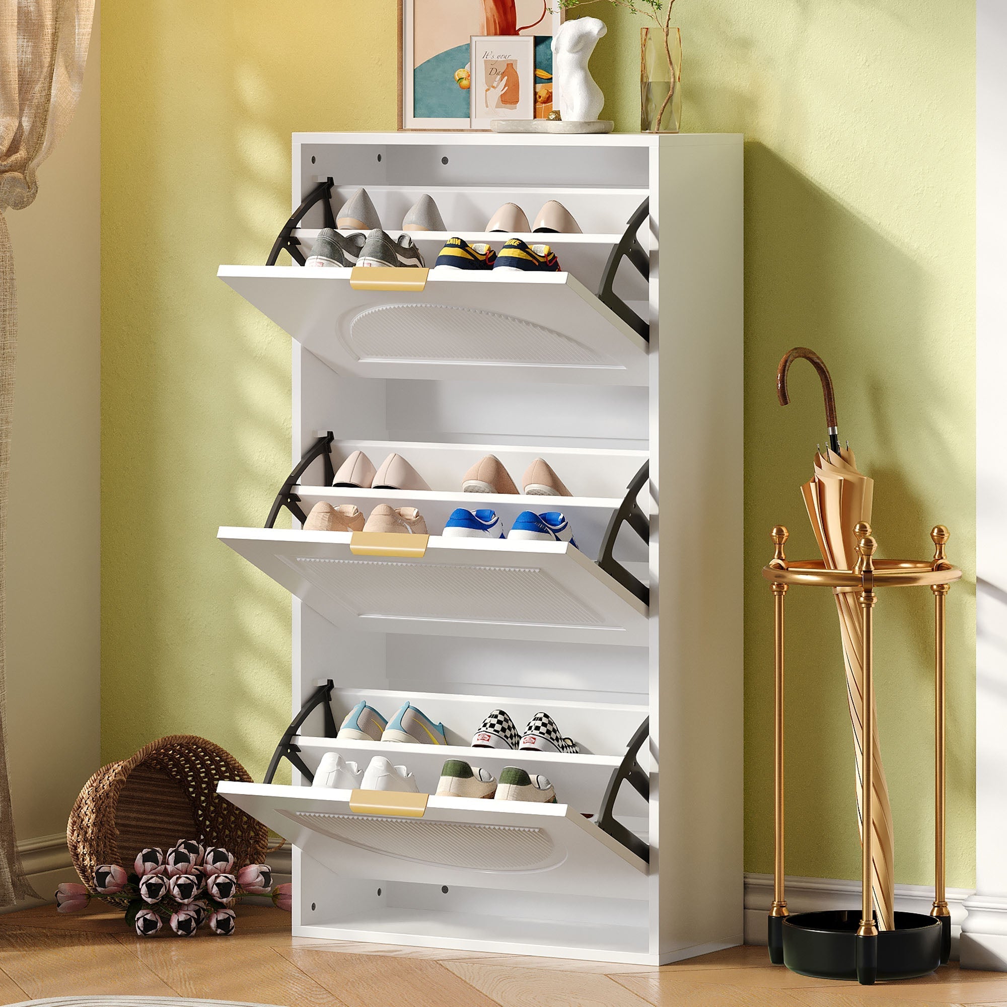 Narrow Shoe Cabinet 3 Doors 60x24x114cm - White