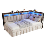 Upholstered Sofa Bed 90x200cm with Trundle & LED, Beige Velvet