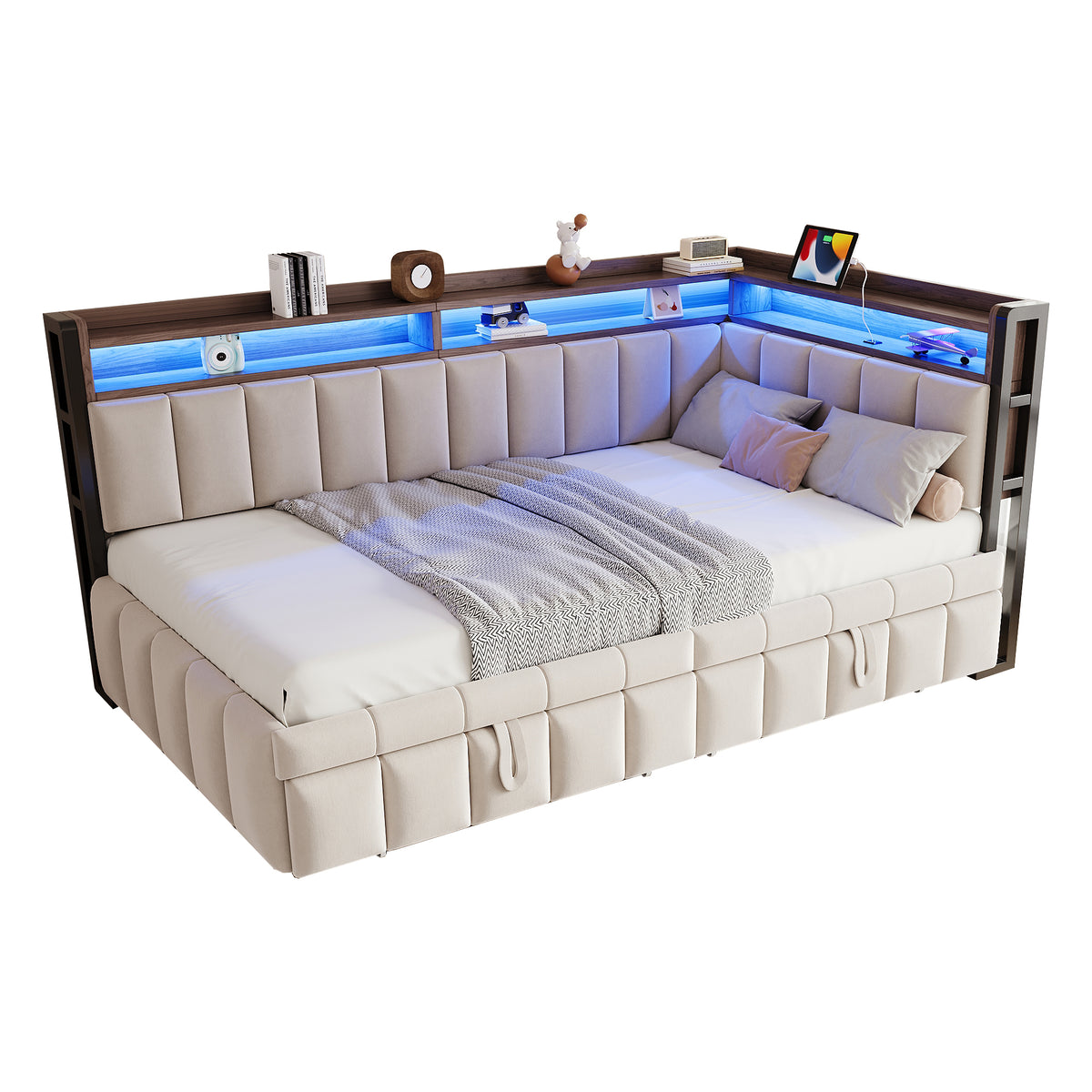 Upholstered Sofa Bed 90x200cm with Trundle & LED, Beige Velvet