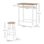 3-Piece Bar Table Set 2 Bar Stools Storage Shelf, MDF Steel, White + Oak
