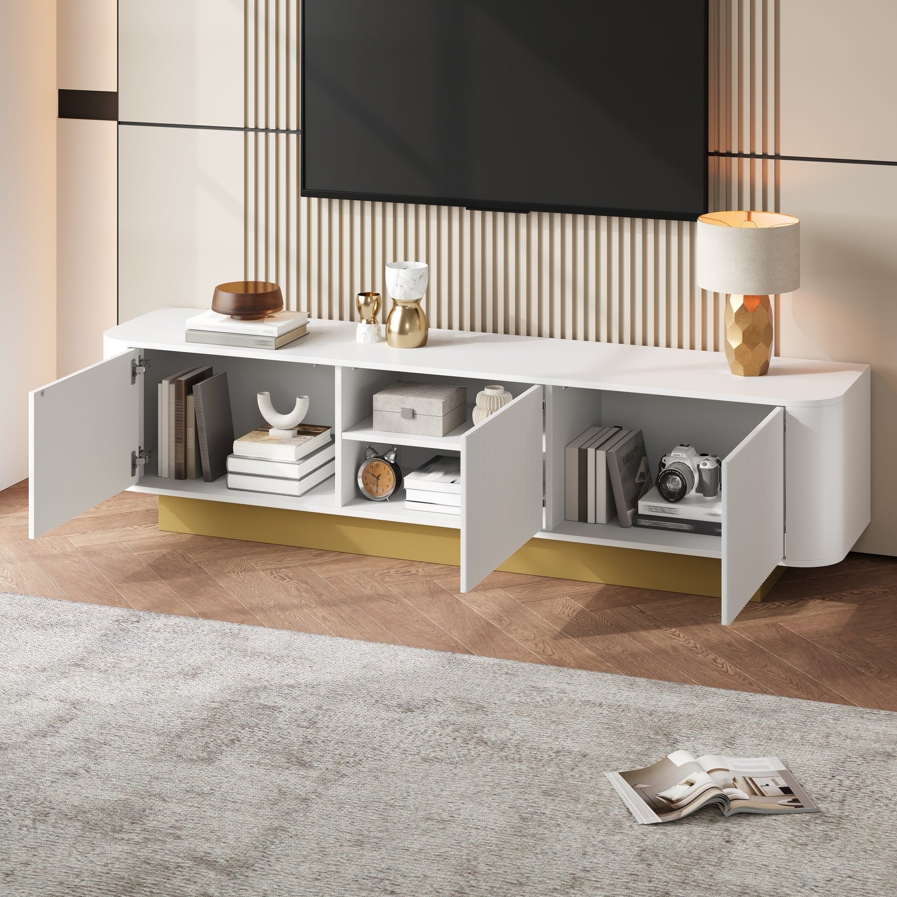Modern TV Stand with Storage and Cable Management, Rounded Design, White