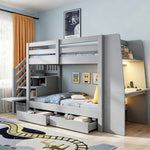 Kids Bunk Bed 90x200cm with Desk, LED & Drawers, Wooden Grey