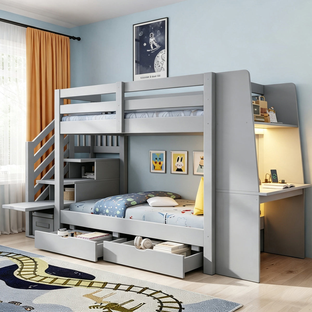 Kids Bunk Bed 90x200cm with Desk, LED & Drawers, Wooden Grey