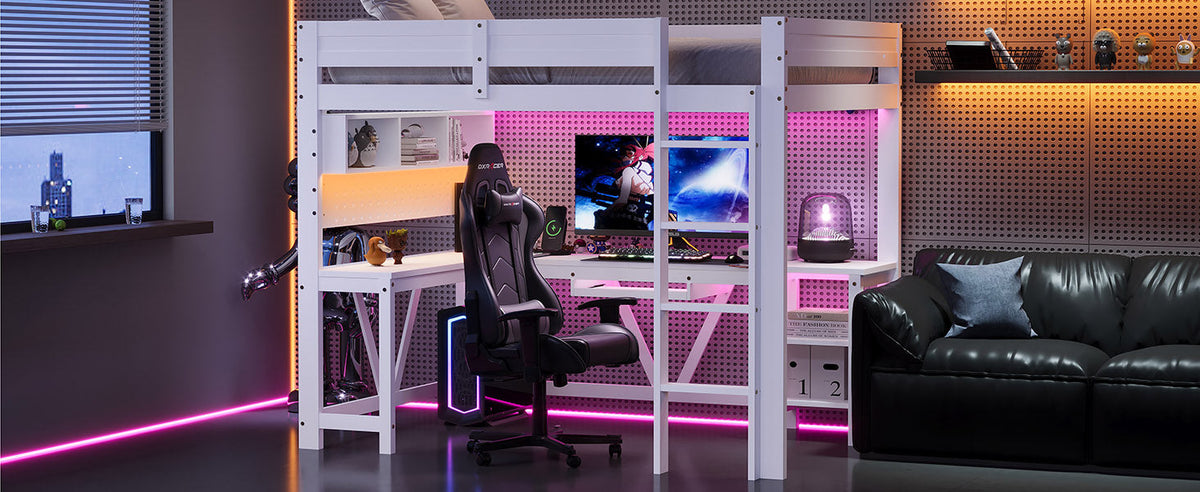 Gaming Loft Bed with Desk, LED Lighting and Charging Station, White Wood