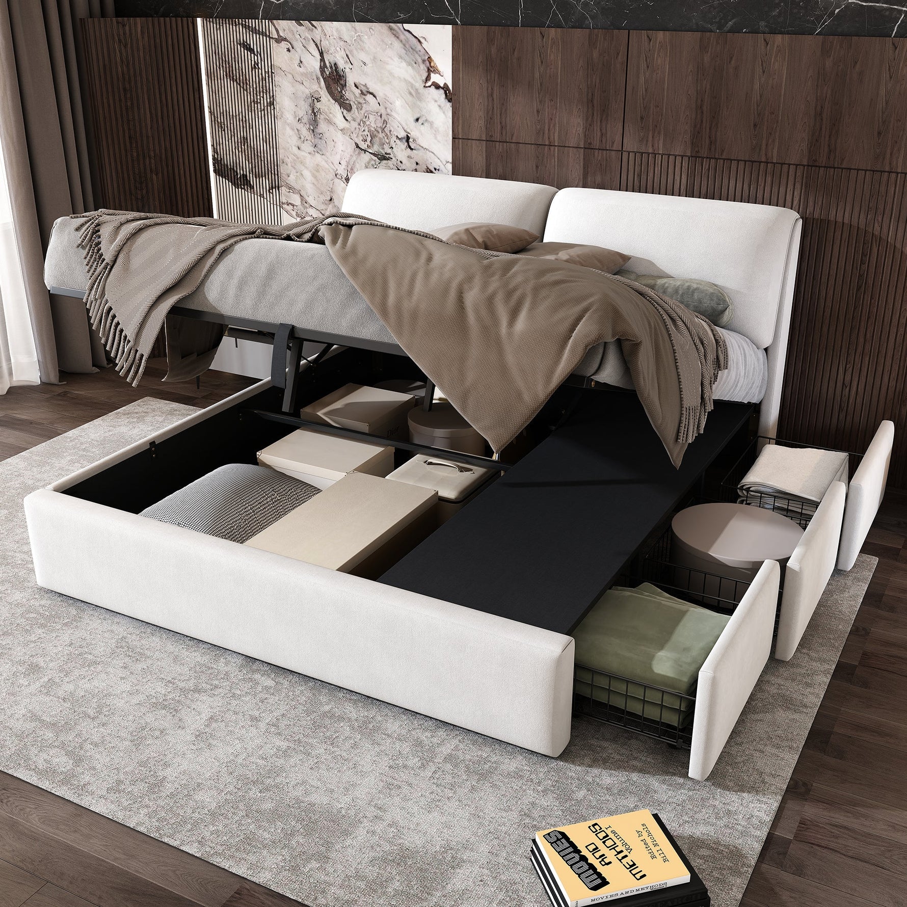 Upholstered Bed 180x200cm Hydraulic Storage 3 Drawers - Velvet Beige