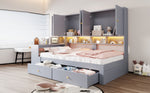 Multifunctional Bed 90x200cm with Desk, Storage & LED, Grey Wood