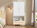 Wardrobe with 2 Doors, Rattan Drawer and Clothes Rail, White