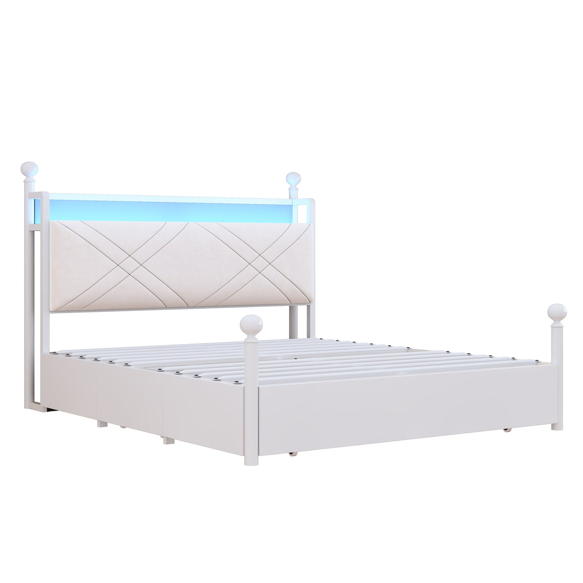 Multifunctional Double Bed with Iron Canopy, LED, USB and 3 Drawers, 140x190cm, White