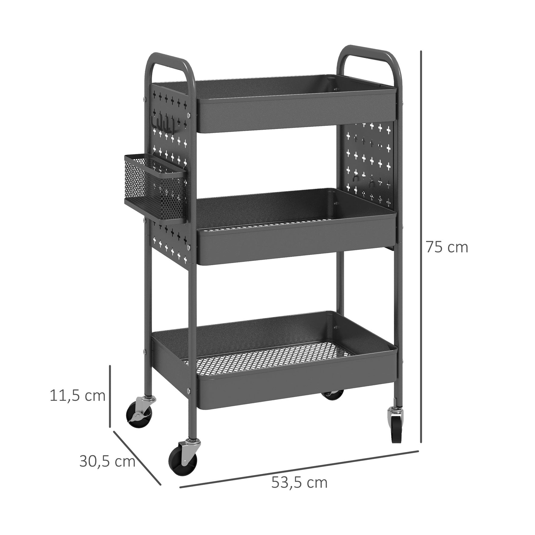 Rolling Serving Cart, 3 Tiers, 2 Baskets, Steel, Dark Grey