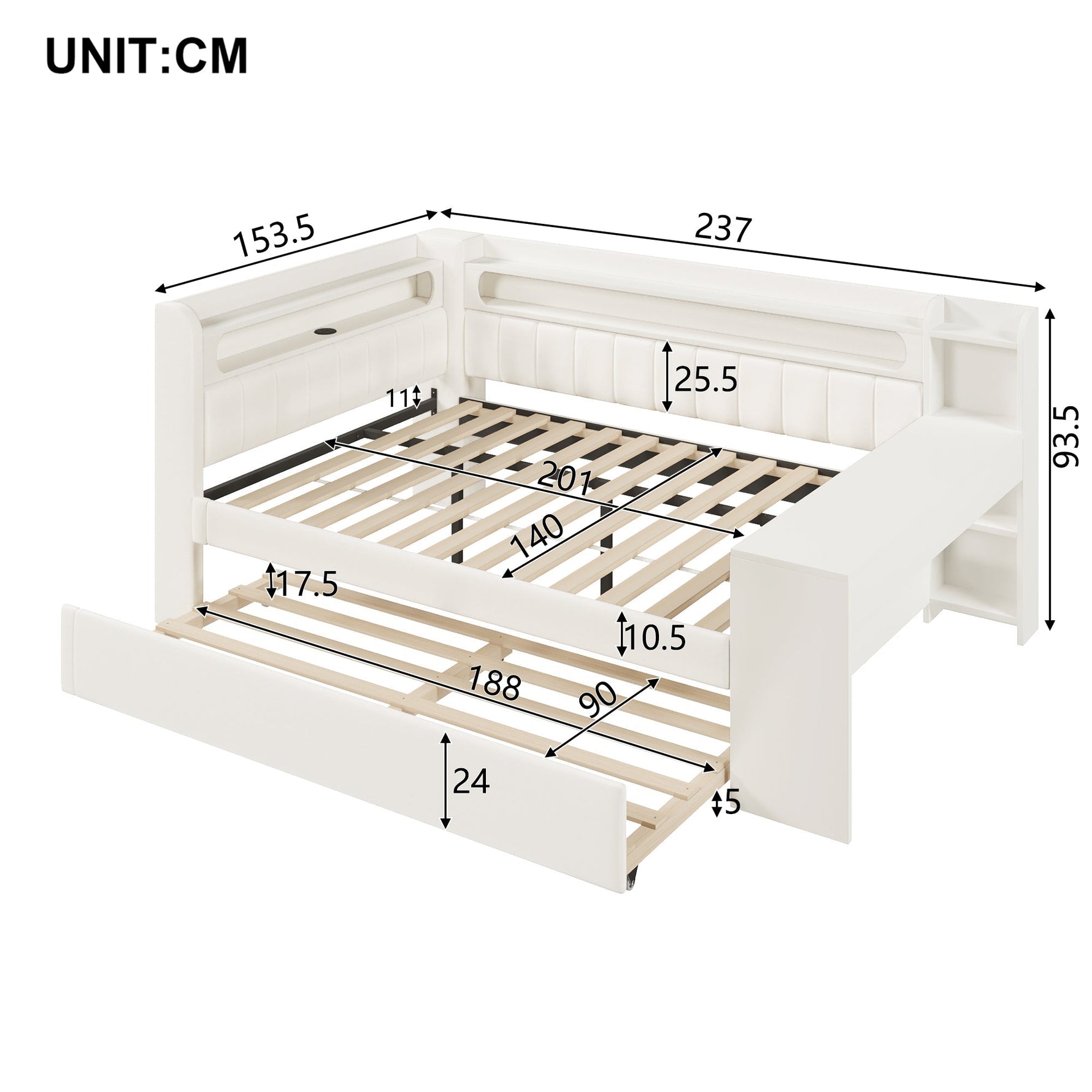 Upholstered Daybed 140x200 with USB, LED, Pull-Out Bed and Desk, White