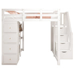 Loft Bed, 140x200cm with Storage, Ladder & Shelves, White Solid Wood