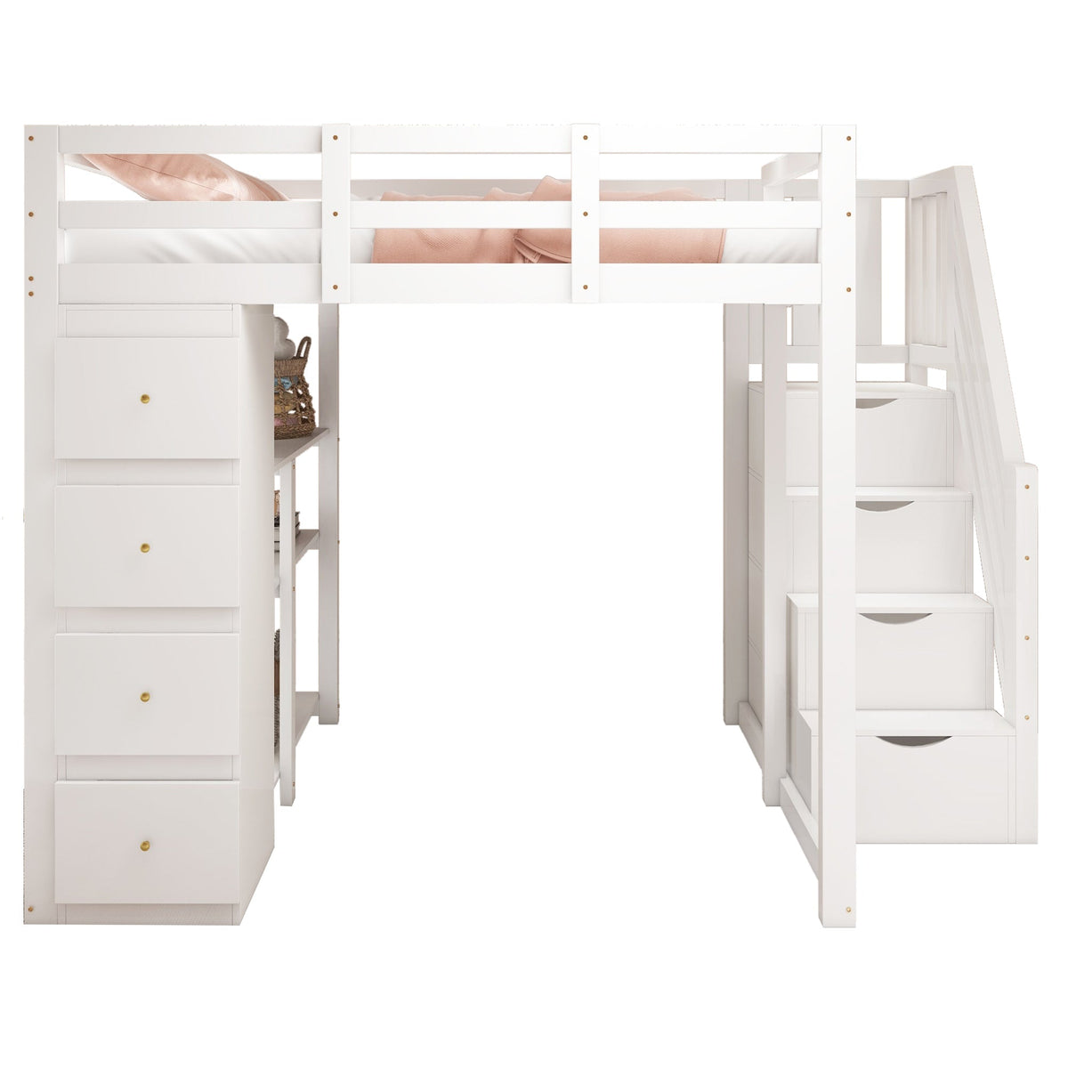 Loft Bed, 140x200cm with Storage, Ladder & Shelves, White Solid Wood