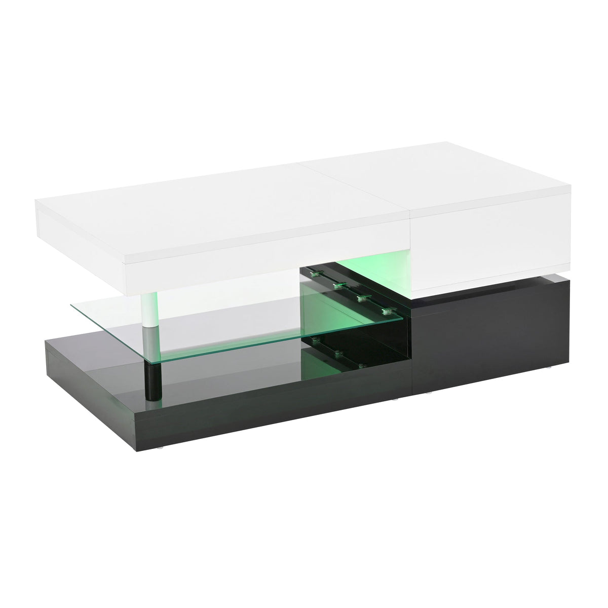 Modern Coffee Table with LED Ambient Lighting, Glass Shelf, High-Gloss Surface, Black and White
