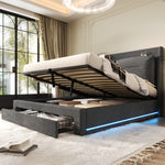 LED upholstered bed, 140 × 190 cm, hydraulic bed, 2-in-1 storage drawers at the foot of the bed, built-in LED light strips on both sides of the bed, slatted base, mattress not included, velvet, grey.