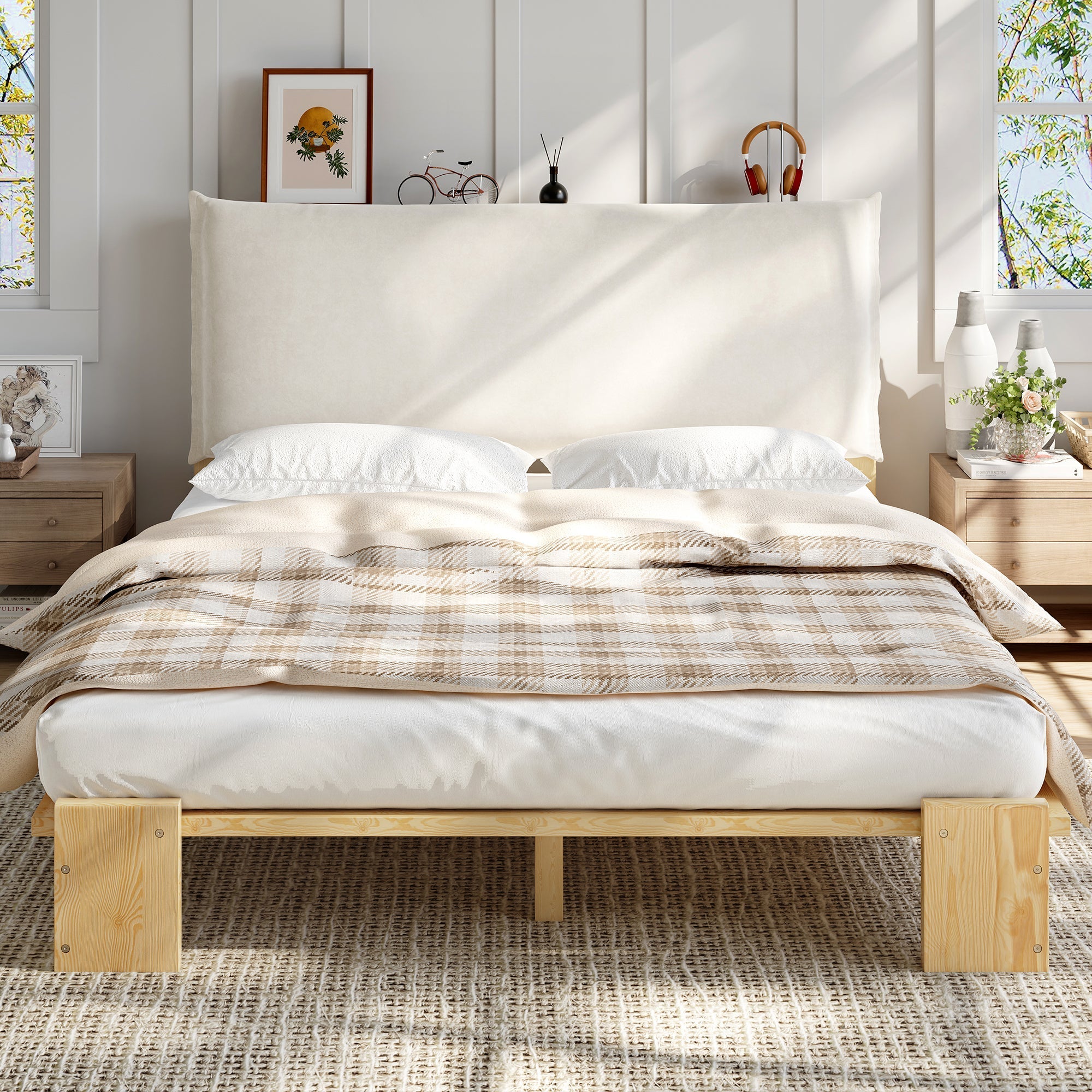 Upholstered Bed with Padded Headboard and Sturdy Slatted Base, 140x200cm, Natural Pine