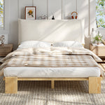 Upholstered Bed with Padded Headboard and Sturdy Slatted Base, 140x200cm, Natural Pine