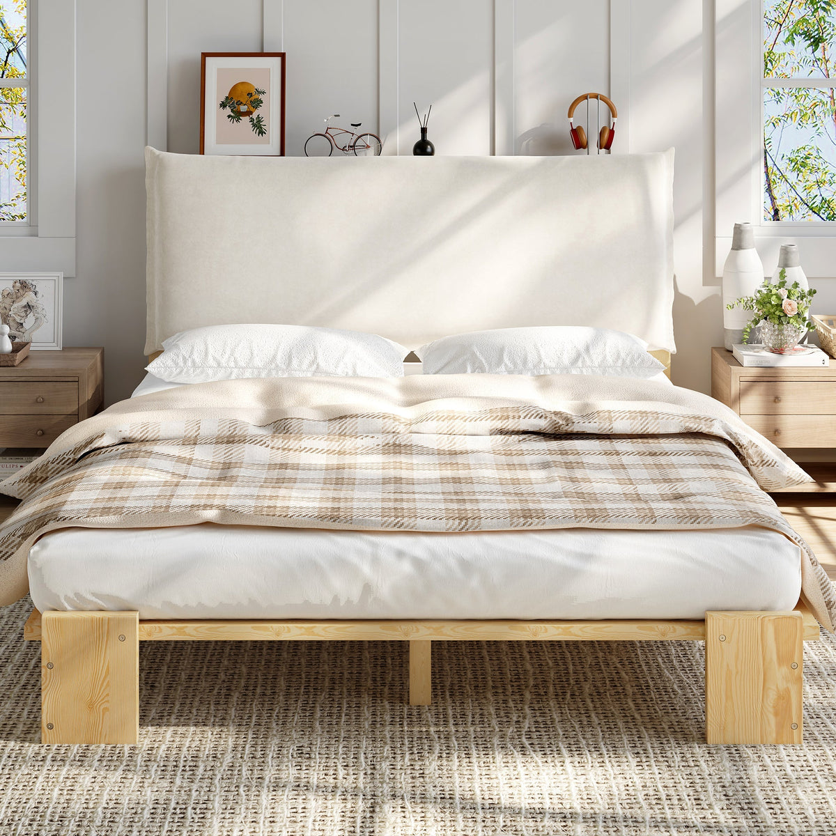 Upholstered Bed with Padded Headboard and Sturdy Slatted Base, 140x200cm, Natural Pine
