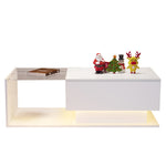 Coffee Table with Glass Top & Drawers, LED Lighting, High-Gloss White