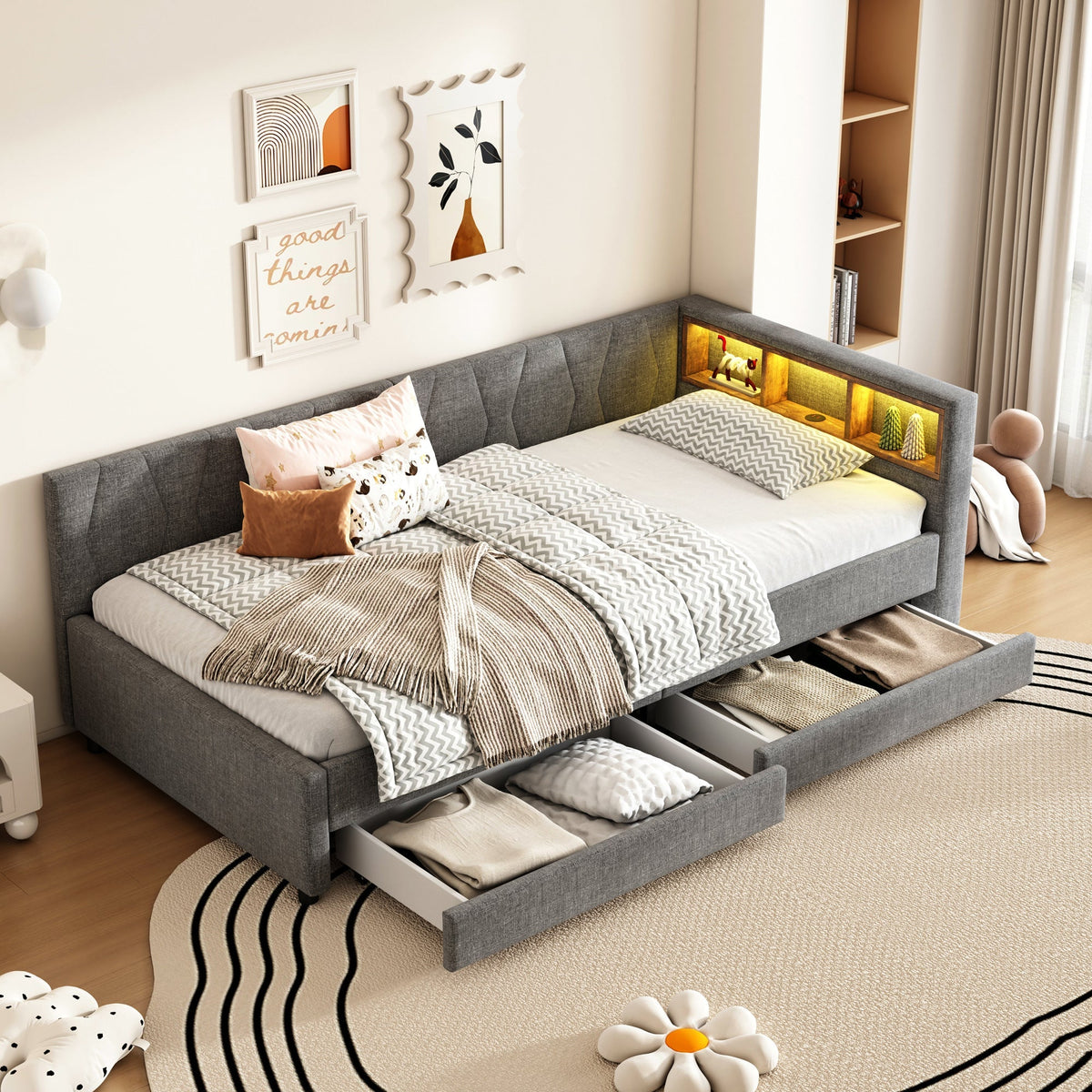 Daybed Sofa Bed 90x200cm Storage Compartment USB/Type C Two Drawers Linen Grey