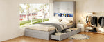 Multifunctional Wooden Bed 90x200cm, LED Storage Headboard, Grey