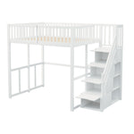 Loft Bed 140x200cm with Safety Storage Ladder and Railing, White Solid Pine Wood