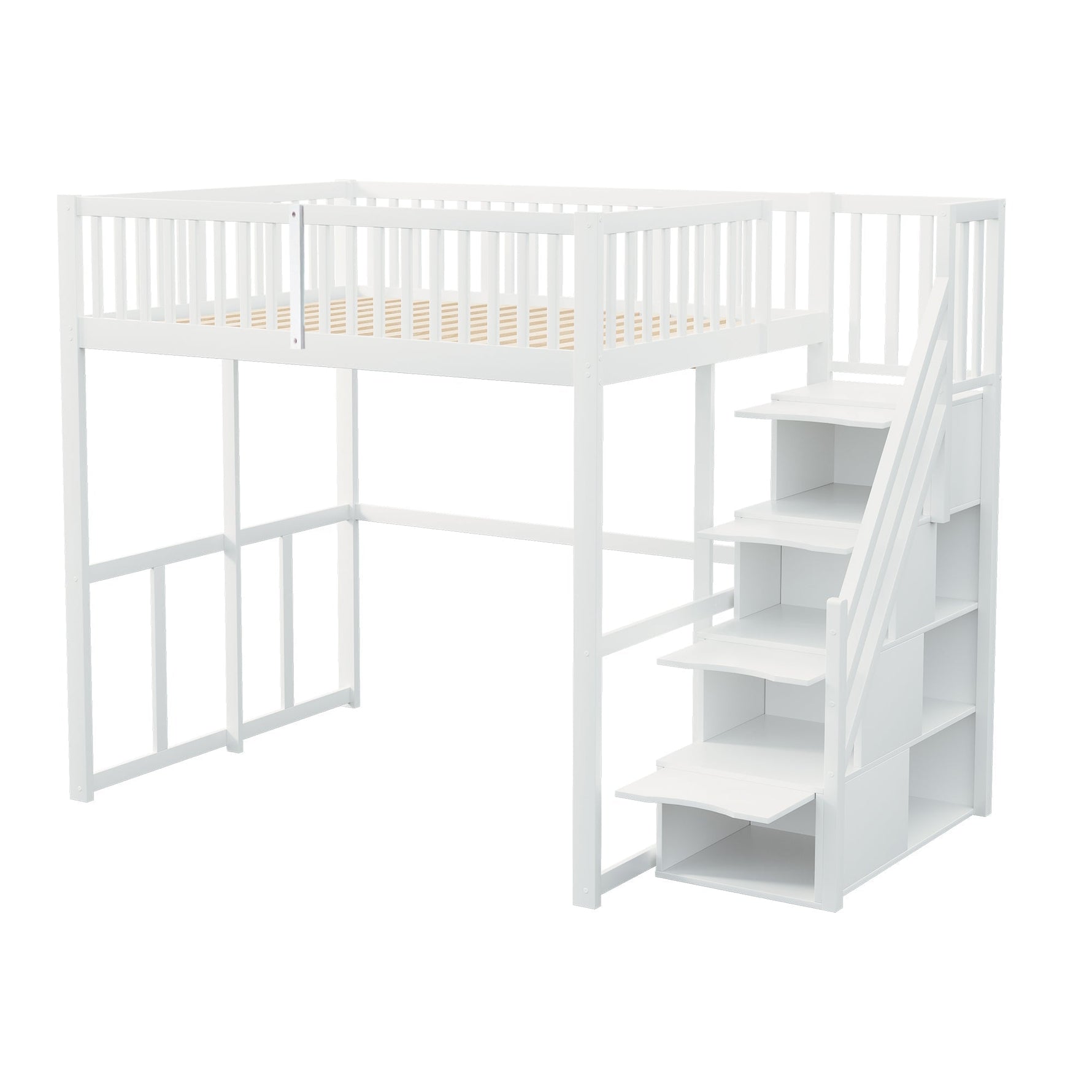Loft Bed 140x200cm with Safety Storage Ladder and Railing, White Solid Pine Wood