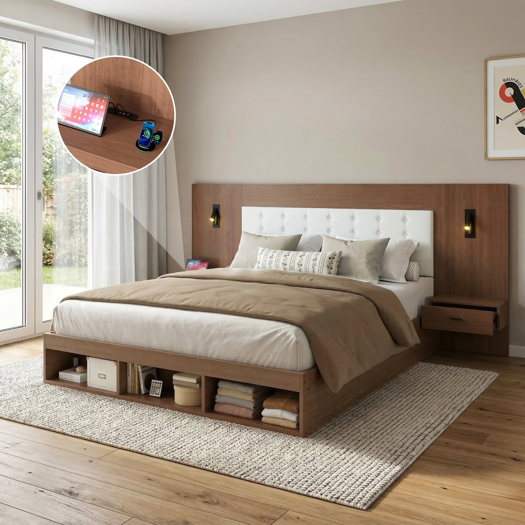 Double Bed with USB Charging Station, Reading Lamp and 2 Bedside Tables, 180x200cm, Walnut Wood Color