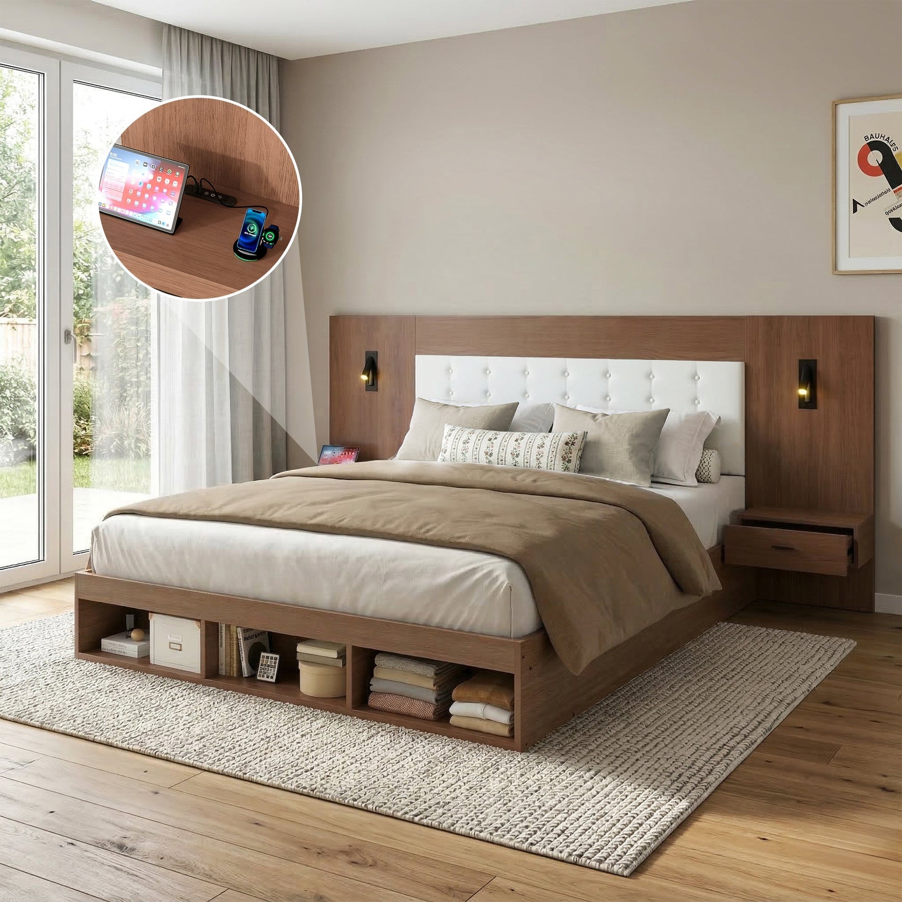 Double Bed with USB Charging Station, Reading Lamp and 2 Bedside Tables, 180x200cm, Walnut Wood Color
