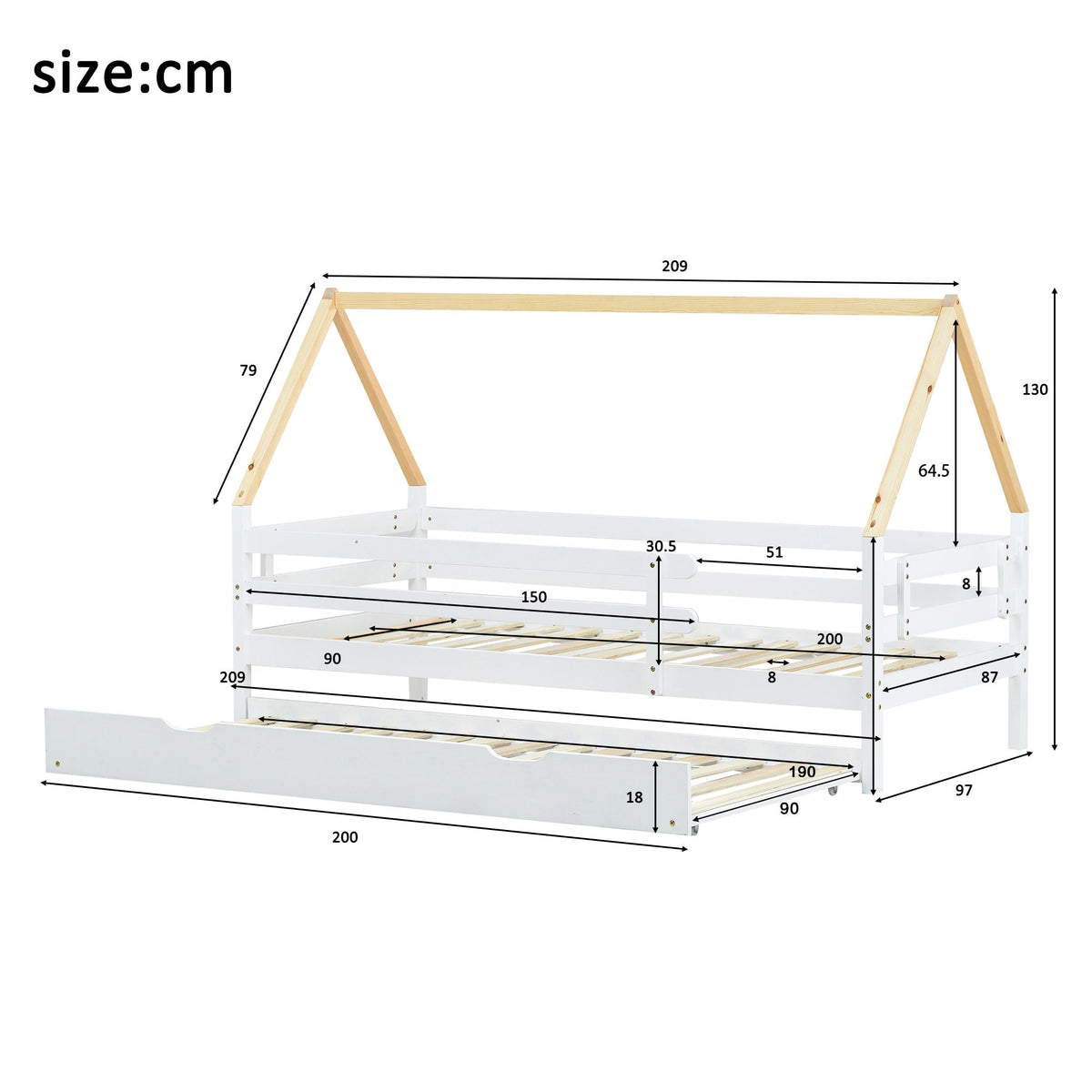 Treehouse Bed, Single with Pull-Out & Sliding Rollers, Solid Wood White & Natural