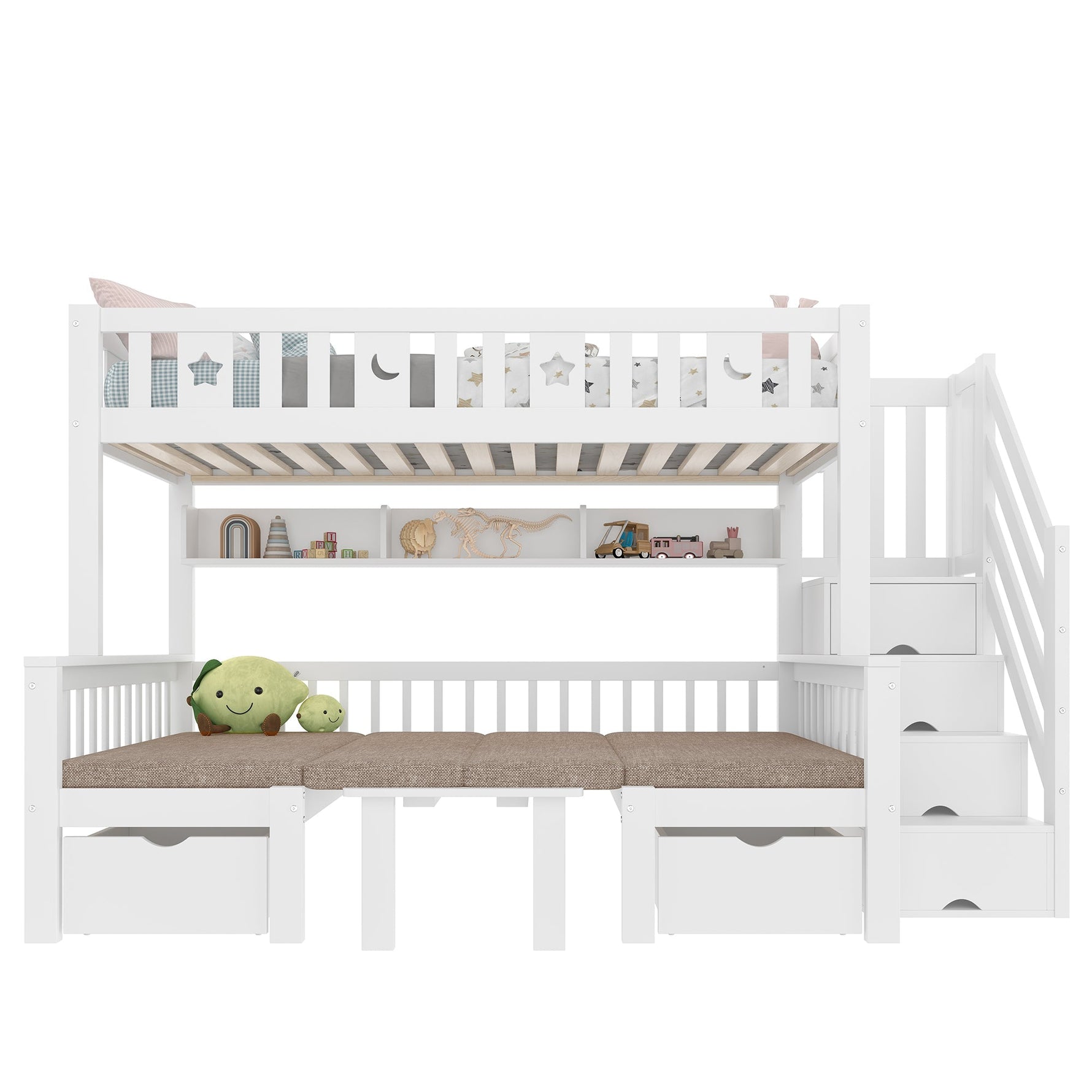 Multifunctional Loft Bed, 90x200cm 2-in-1 Bed & Desk Storage Ladder, White
