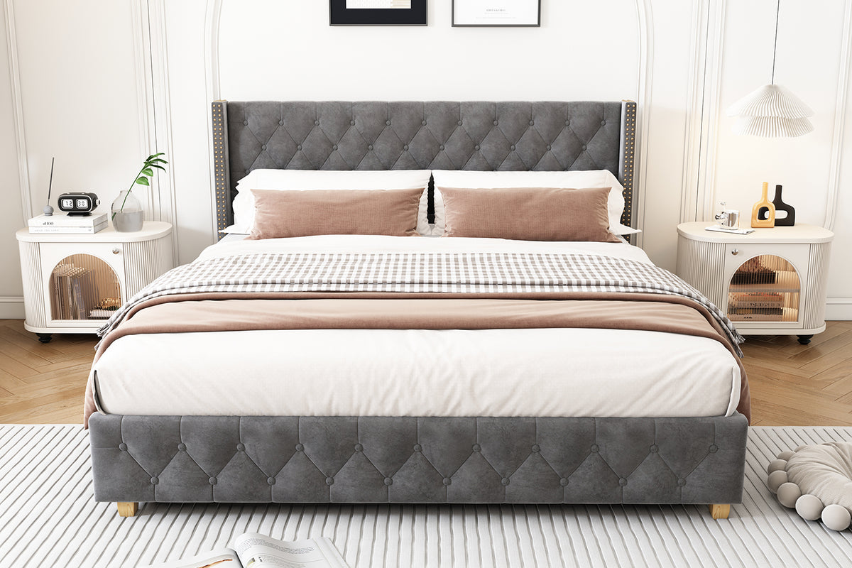 Upholstered Bed 140x190cm with Slatted Frame, Grey Velvet